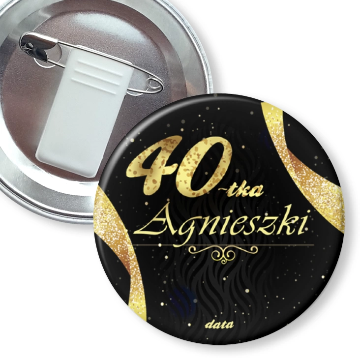 przypinka z żabką i agrafką 40 urodziny złoto czarne tło