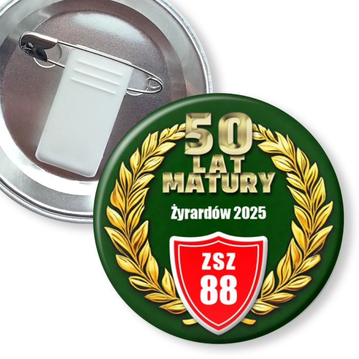 przypinka z żabką i agrafką 50 lat Matury ZSZ 88