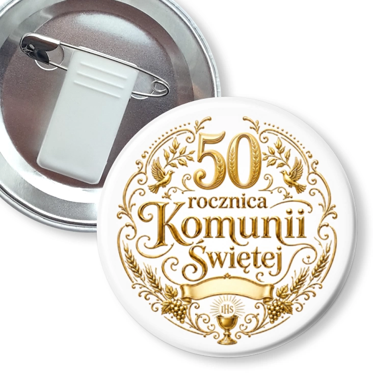przypinka z żabką i agrafką 50 rocznica Pierwszej Komunii Świętej