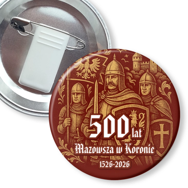 przypinka z żabką i agrafką 500 lat Mazowsza w Koronie