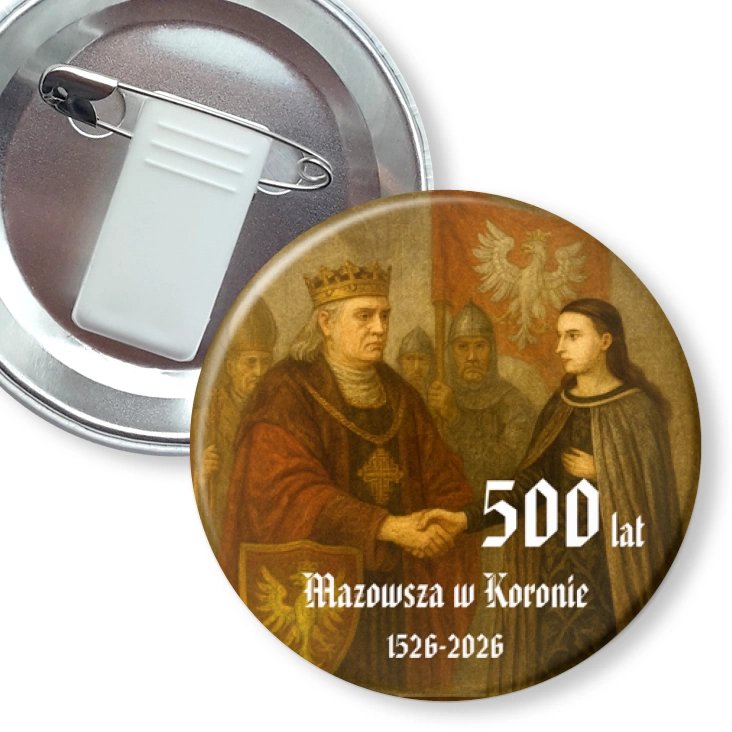 przypinka z żabką i agrafką 500. rocznica włączenia Mazowsza do Królestwa Polskiego