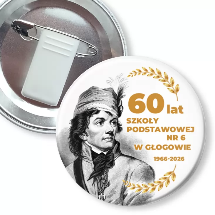 przypinka z żabką i agrafką 60 lat SP nr 6 w Głogowie
