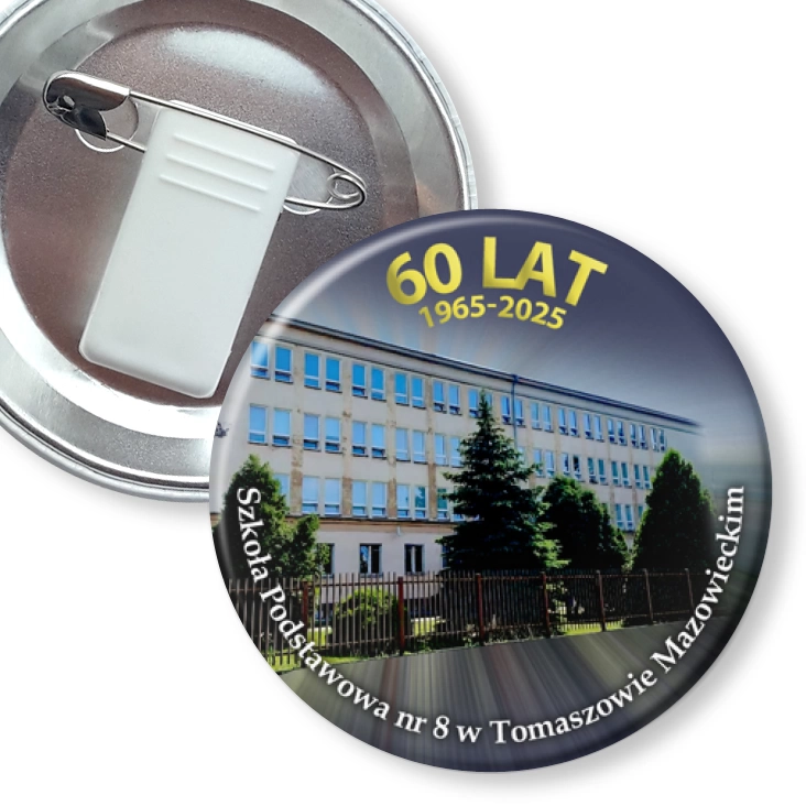 przypinka z żabką i agrafką 60 lat SP60 w Tomaszowie Mazowieckim