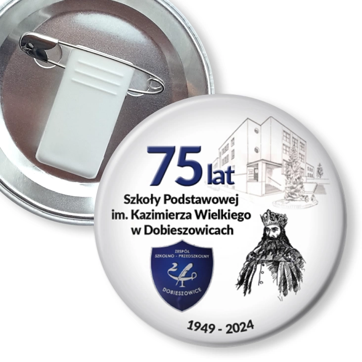 przypinka z żabką i agrafką 75 lat SP w Dobieszowicach