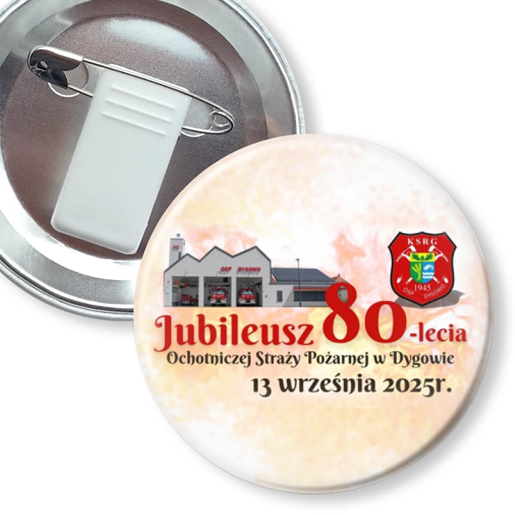 przypinka z żabką i agrafką 80 lat OSP w Dygowie