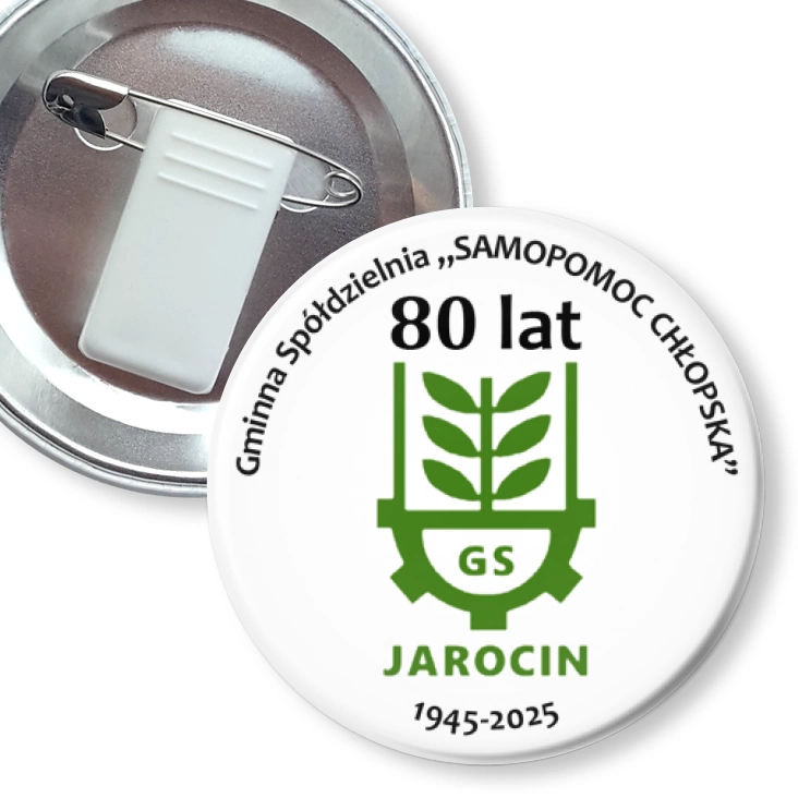 przypinka z żabką i agrafką 80-lecie Gminnej Spółdzielni Samopomoc Chłopska w Jarocinie