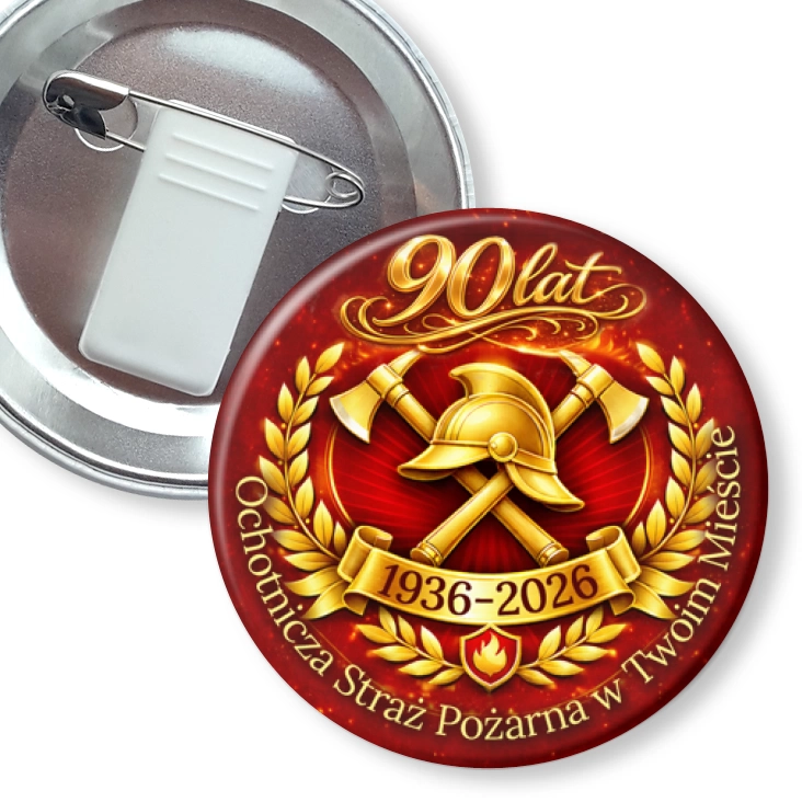 przypinka z żabką i agrafką 90 lat Ochotnicza Straż Pożarna w Twoim Mieście