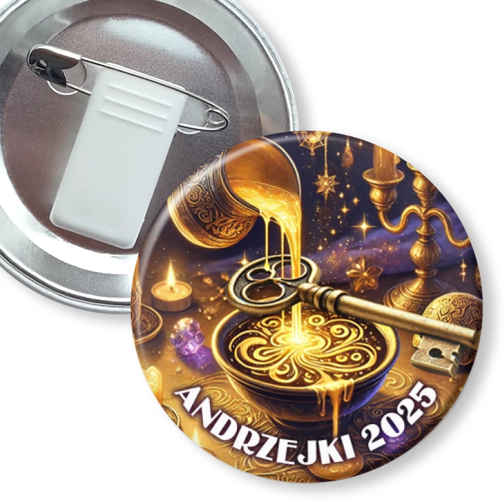 przypinka z żabką i agrafką Andrzejki lanie woskiem
