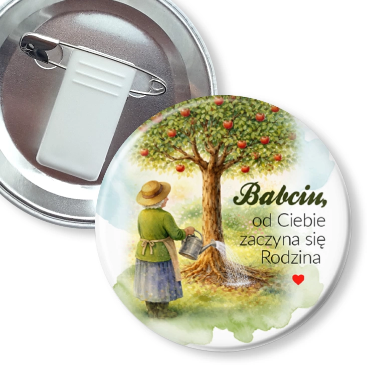 przypinka z żabką i agrafką Babcia pielęgnuje drzewo rodzinne