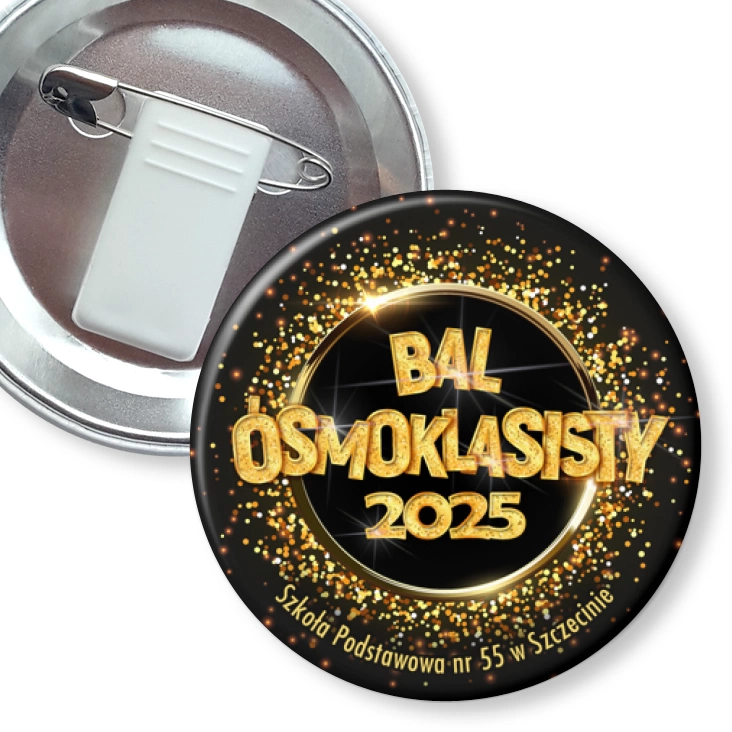 przypinka z żabką i agrafką Bal Ósmoklasisty 2025 SP 55 Szczecin