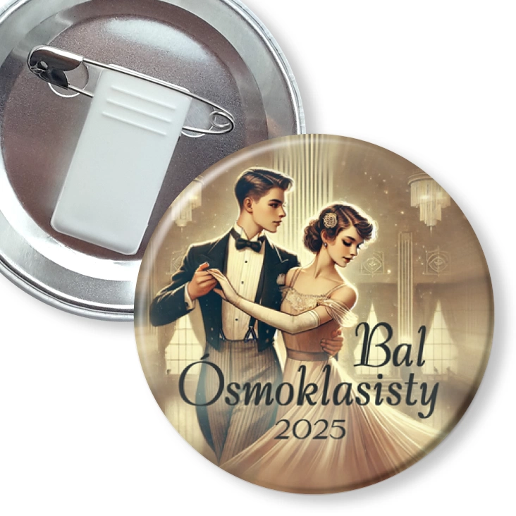 przypinka z żabką i agrafką Bal ósmoklasisty w stylu retro