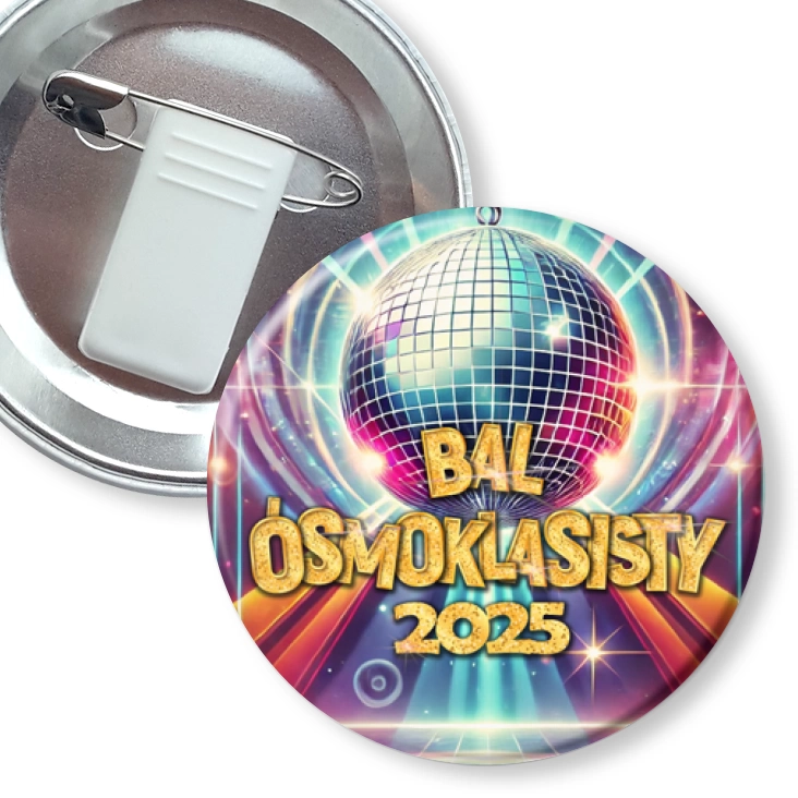 przypinka z żabką i agrafką Bal ósmych klas z kulą i sceną disco
