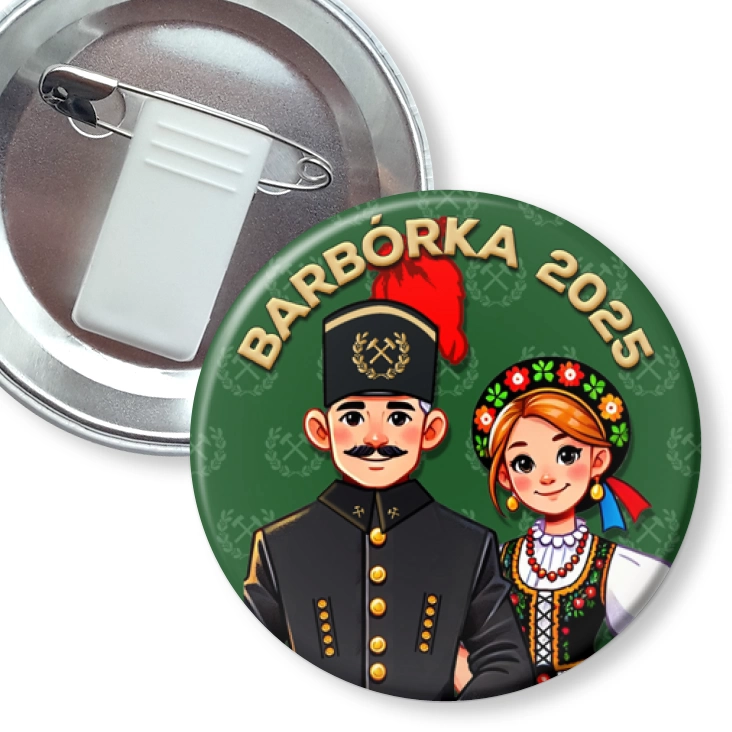 przypinka z żabką i agrafką Barbórka górnik w mundurze górniczym