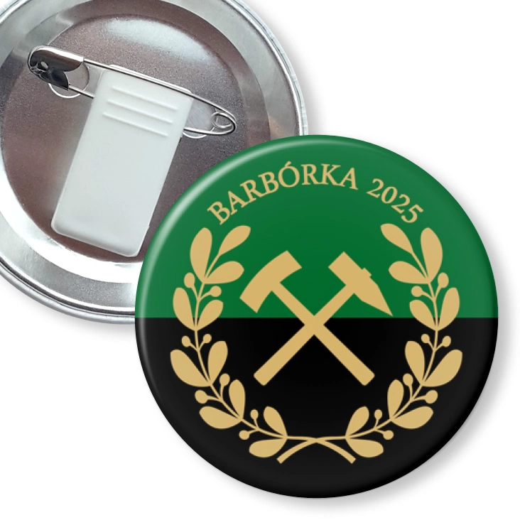 przypinka z żabką i agrafką Barbórka zielono-czarna
