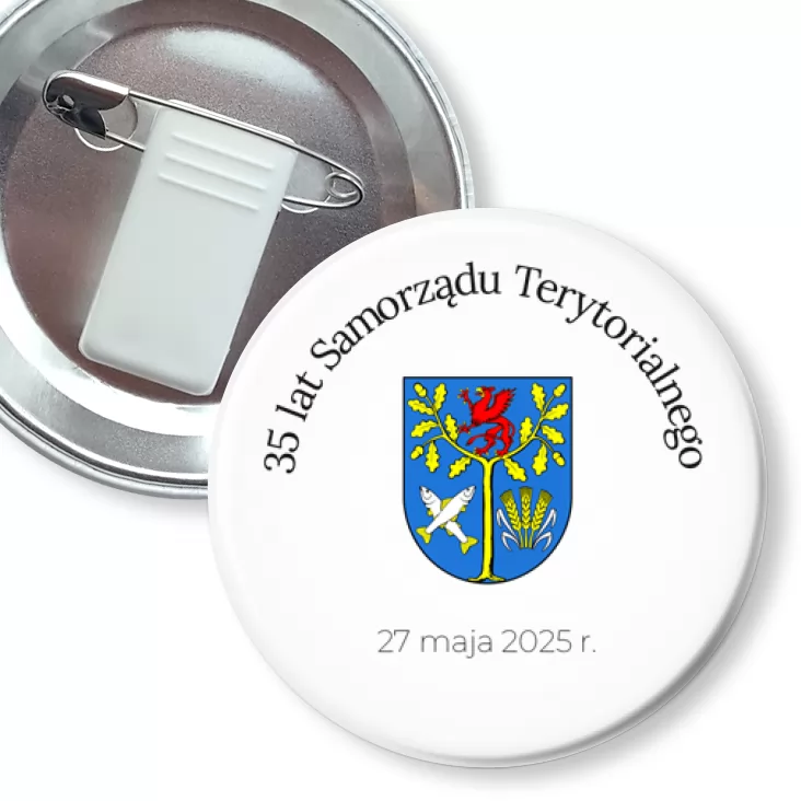 przypinka z żabką i agrafką Białogard 35 lat Samorządu Terytorialnego
