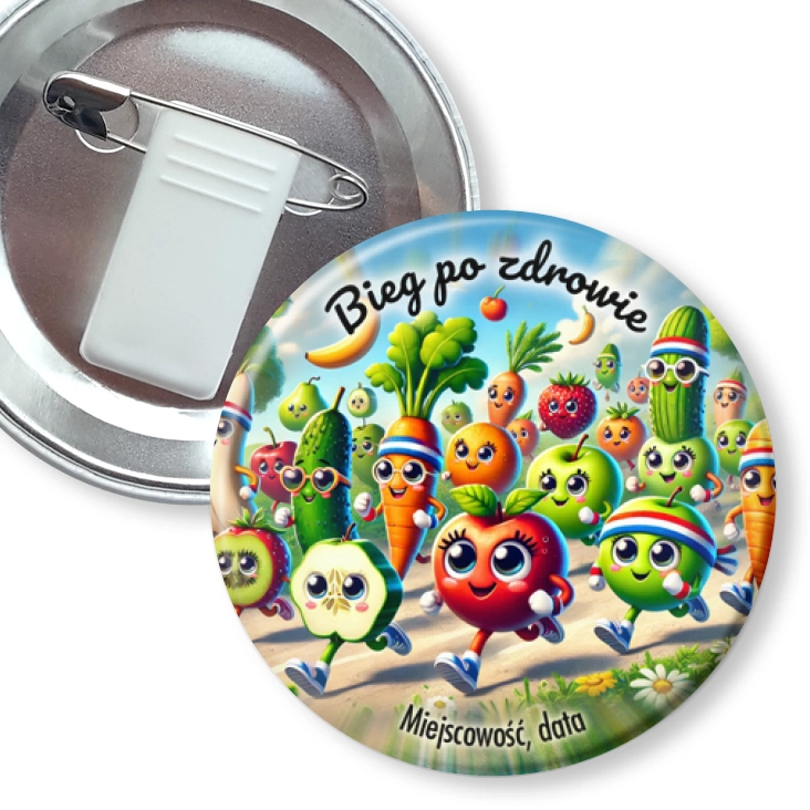 przypinka z żabką i agrafką Bieg po zdrowie wegański