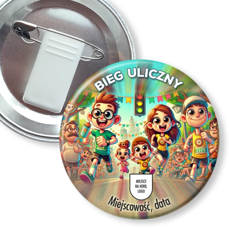 przypinka z żabką i agrafką Bieg uliczny
