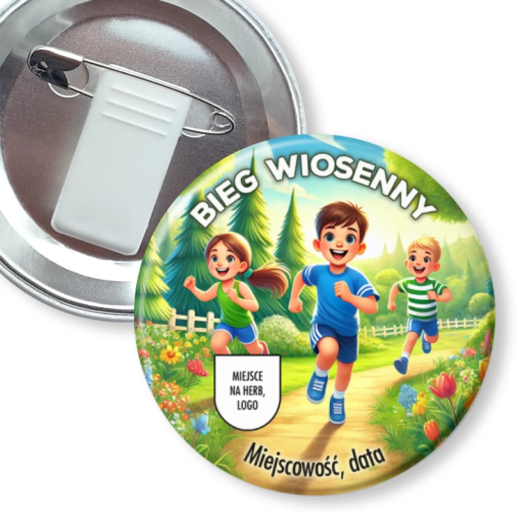 przypinka z żabką i agrafką Bieg wiosenny dzieci na leśnej ścieżce