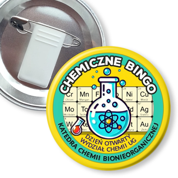 przypinka z żabką i agrafką Chemiczne Bingo