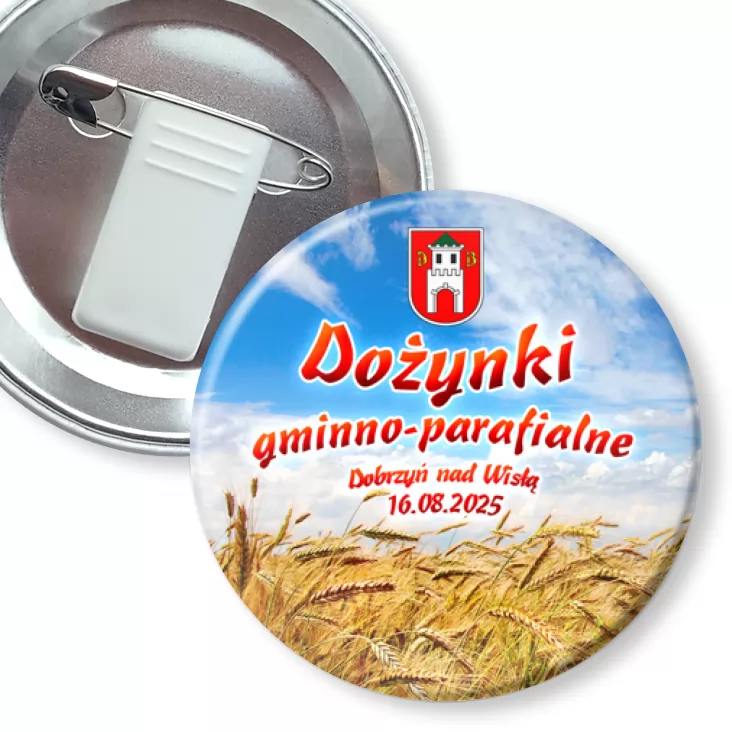 przypinka z żabką i agrafką Dożynki gminno-parafialne 2025 Dobrzyń nad Wisłą
