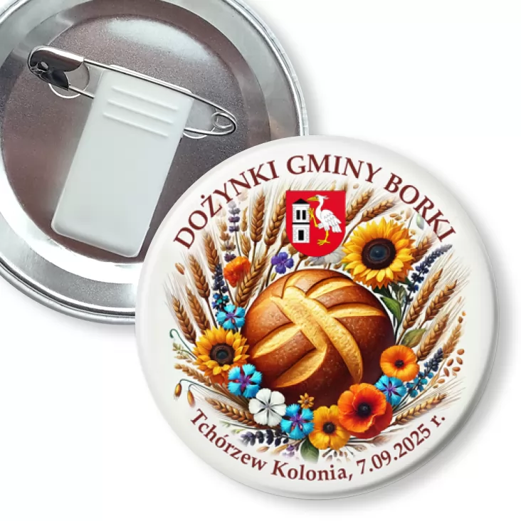 przypinka z żabką i agrafką Dożynki Gminy Borki 2025