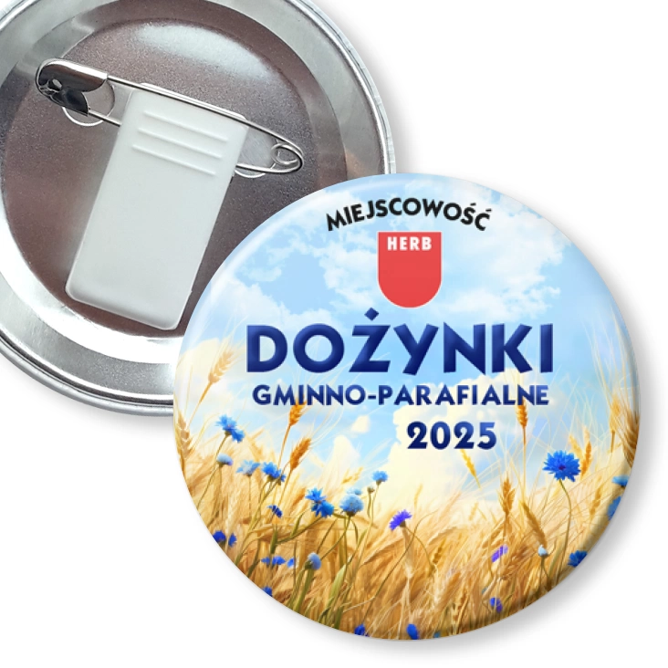 przypinka z żabką i agrafką Dożynki zboże i chabry