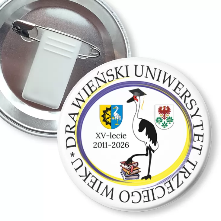 przypinka z żabką i agrafką Drawieński Uniwersytet Trzeciego Wieku XV-lecie