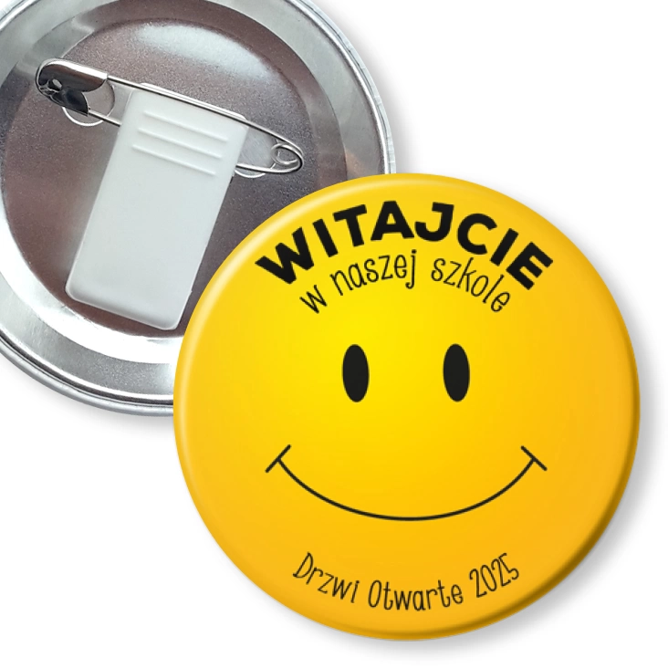 przypinka z żabką i agrafką Drzwi Otwarte Witajcie w naszej szkole