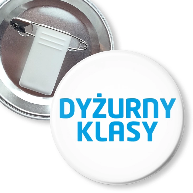 przypinka z żabką i agrafką Dyżurny klasy niebieski napis
