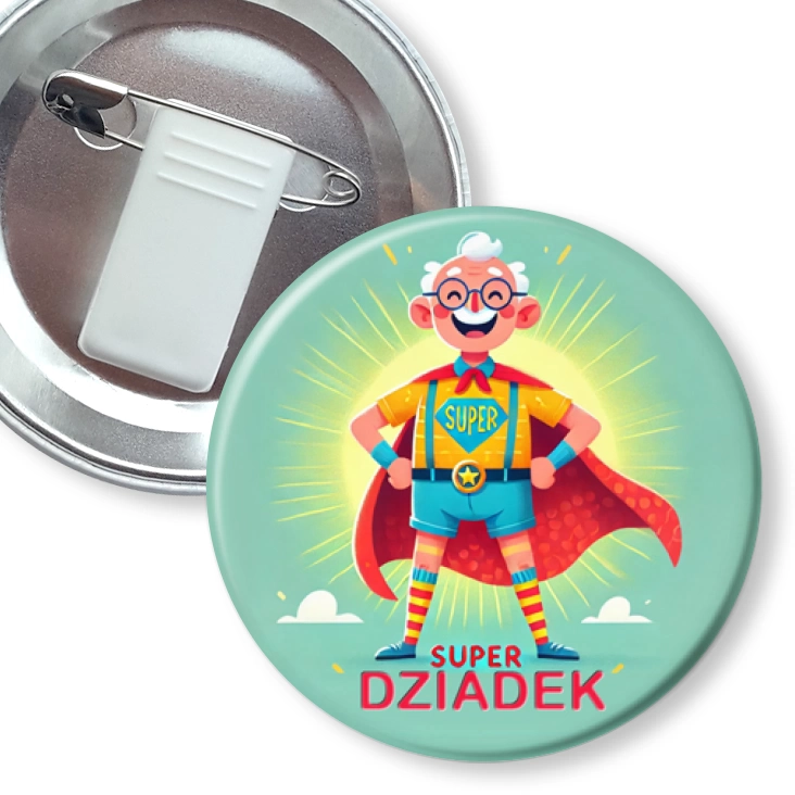przypinka z żabką i agrafką Dziadek superbohater