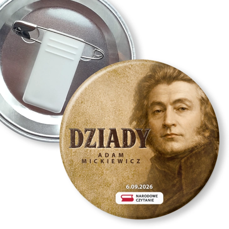 przypinka z żabką i agrafką Dziady Adam Mickiewicz sepia
