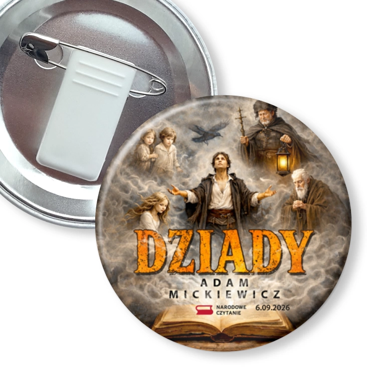 przypinka z żabką i agrafką Dziady Narodowe Czytanie postacie z książki
