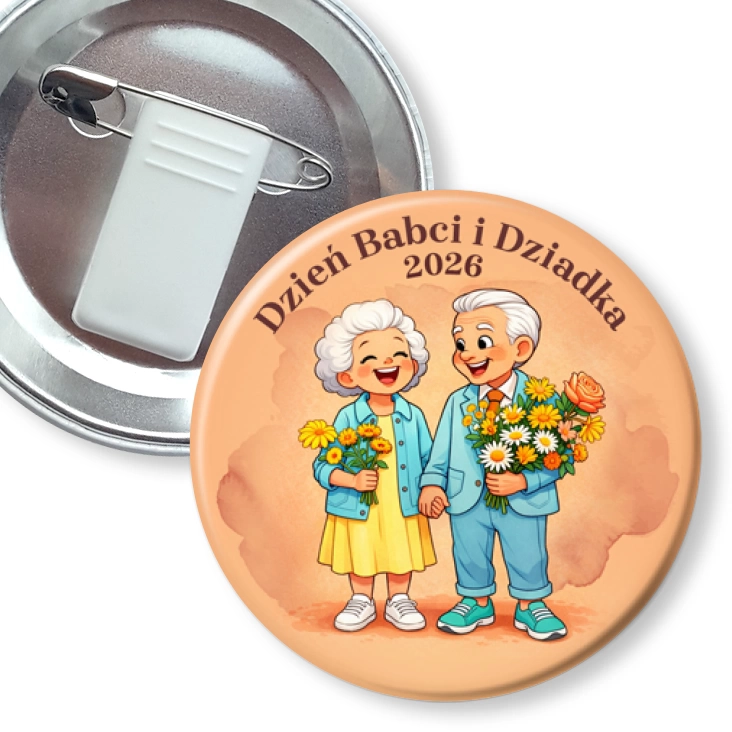 przypinka z żabką i agrafką Dzień Babci i Dziadka para uśmiechniętych dziadków