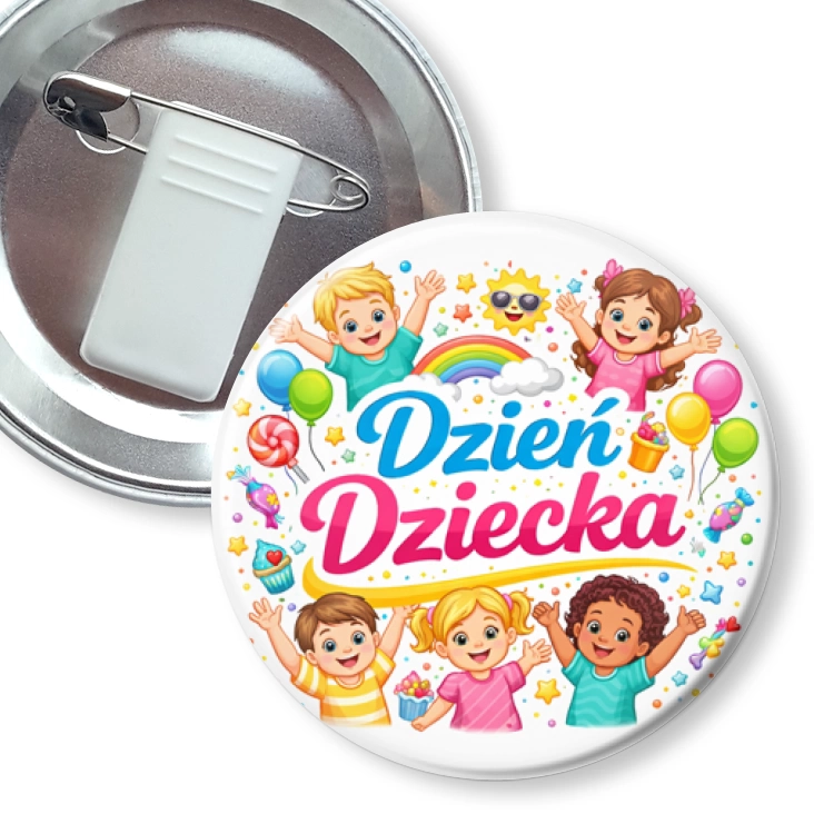 przypinka z żabką i agrafką Dzień Dziecka baloniki i tęcza