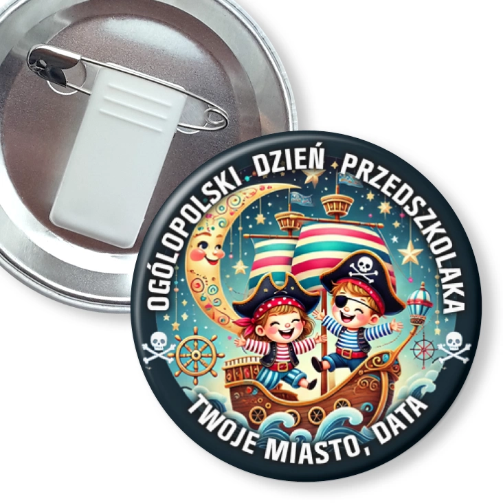 przypinka z żabką i agrafką Dzień przedszkolaka piraci