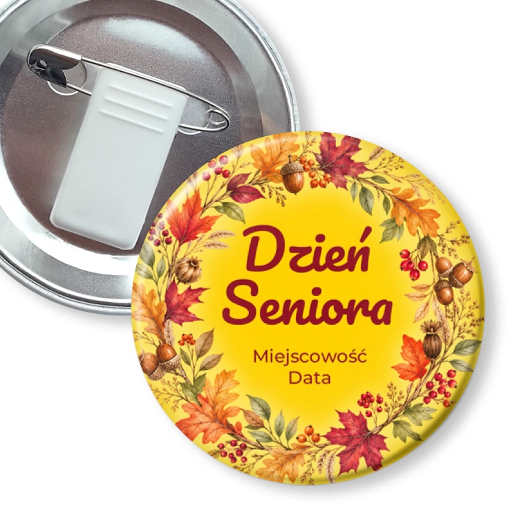 przypinka z żabką i agrafką Dzień Seniora jesienny wieniec