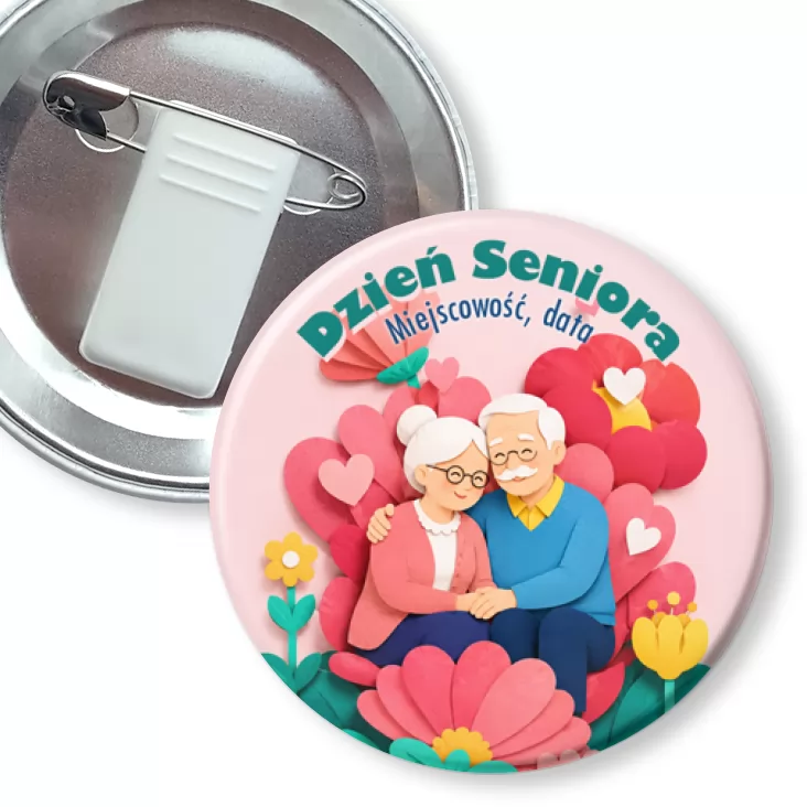przypinka z żabką i agrafką Dzień Seniora para seniorów w kwiatach