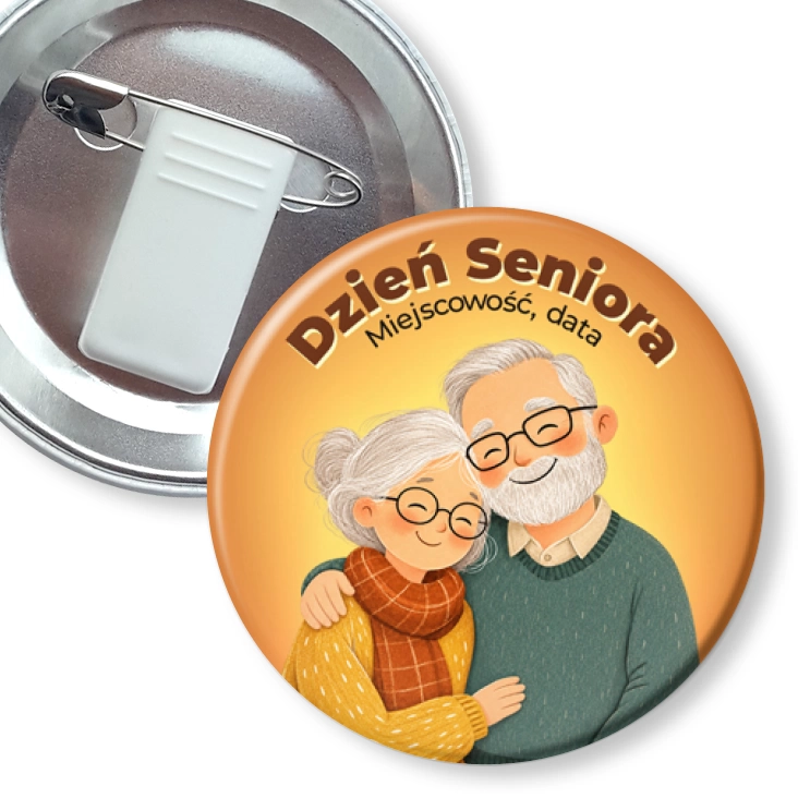 przypinka z żabką i agrafką Dzień Seniora uśmiechnięta para seniorów