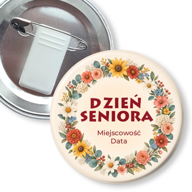 przypinka z żabką i agrafką Dzień Seniora wianek z kwiatów
