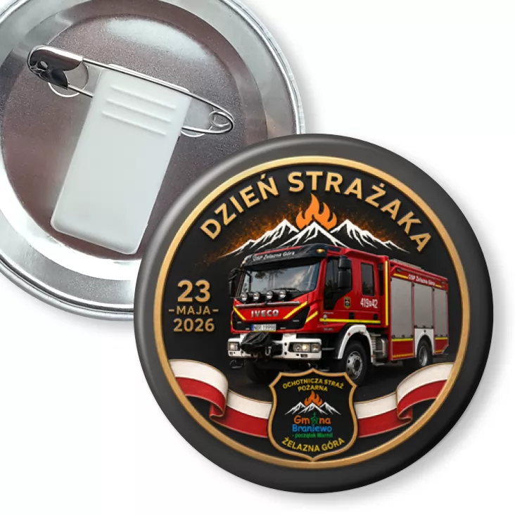 przypinka z żabką i agrafką Dzień Strażaka dla OSP Żelazna Góra
