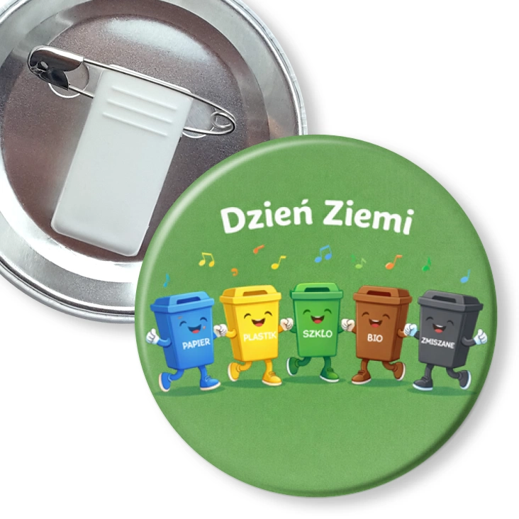 przypinka z żabką i agrafką Dzień Ziemi - segregacja odpadów