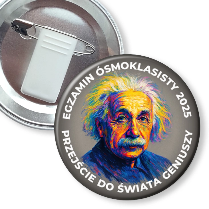 przypinka z żabką i agrafką Egzamin Ósmoklasisty Einstein świat geniuszy