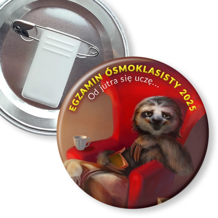 przypinka z żabką i agrafką Egzamin Ósmoklasisty leniwiec