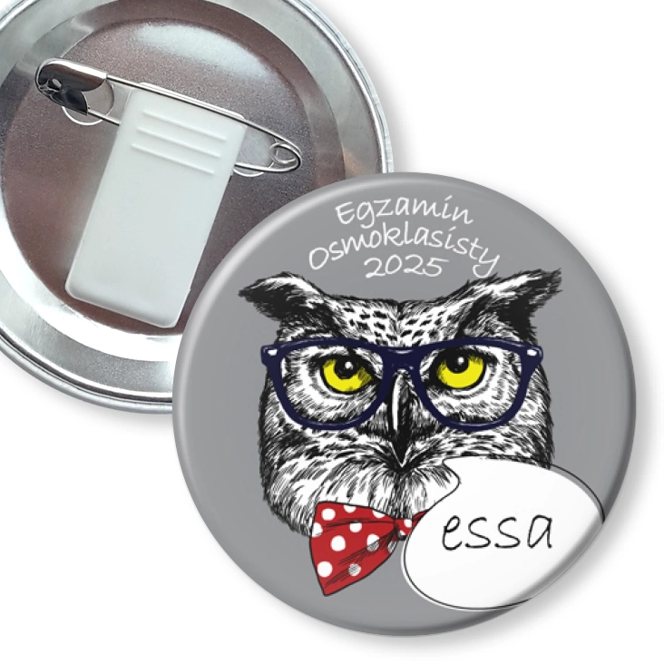 przypinka z żabką i agrafką Egzamin Ósmoklasisty sowa essa