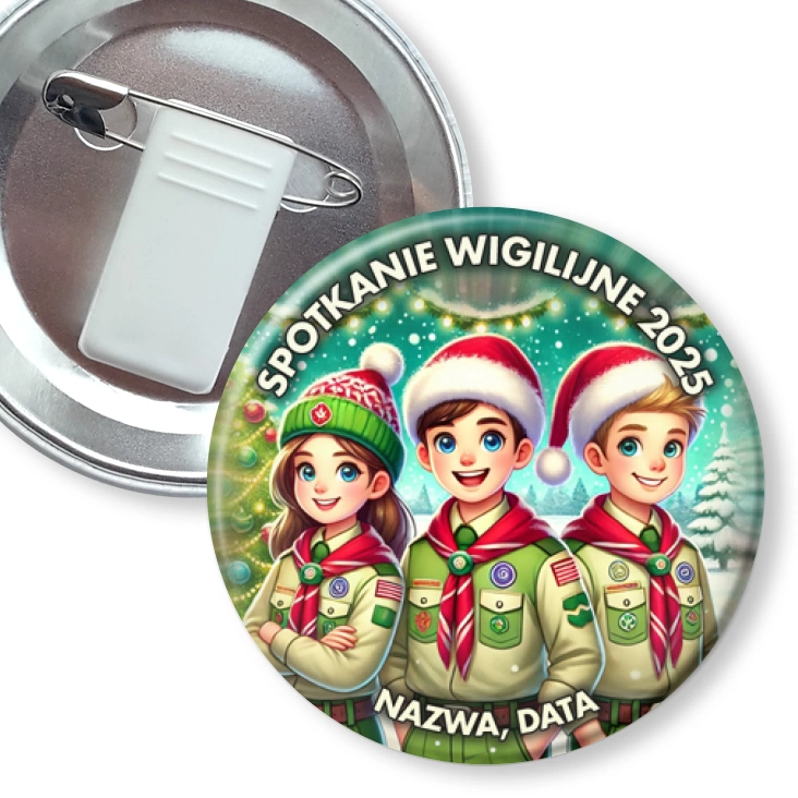 przypinka z żabką i agrafką Harcerze w świątecznych czapkach