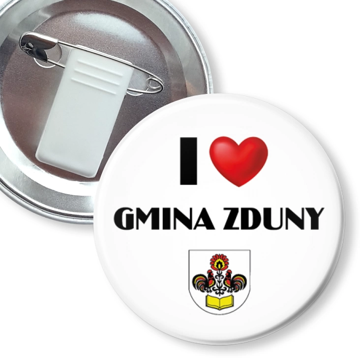przypinka z żabką i agrafką I love Gmina Zduny