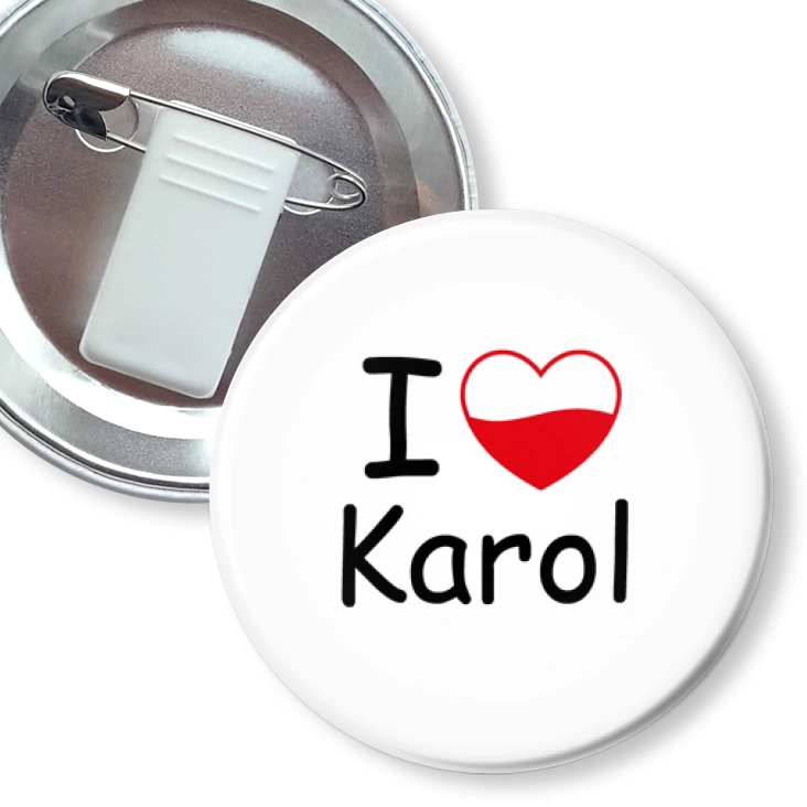 przypinka z żabką i agrafką I love Karol