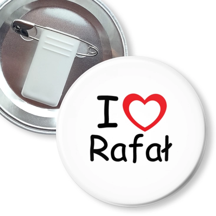 przypinka z żabką i agrafką I love Rafał