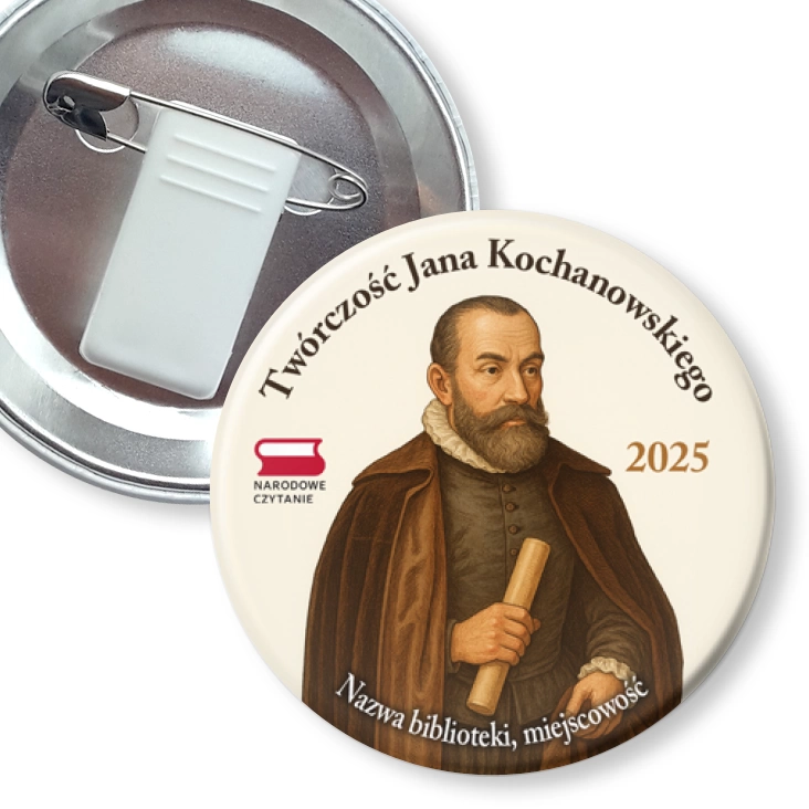 przypinka z żabką i agrafką Jan Kochanowski i jego twórczość Narodowe Czytanie 2025