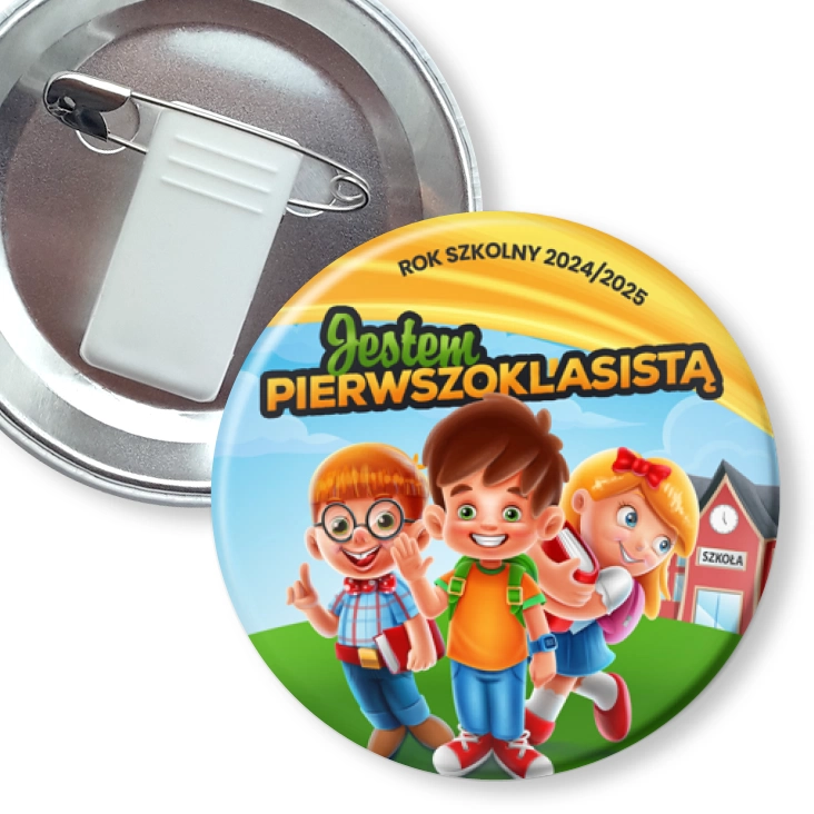 przypinka z żabką i agrafką Jestem pierwszoklasistą z trójką dzieci